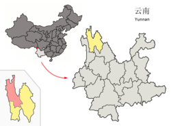 Location of Dêqên County (pink) within Diqing Prefecture (yellow) and Yunnan