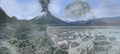 Image 84An artist's impression of the Archean, the eon after Earth's formation, featuring round stromatolites, which are early oxygen-producing forms of life from billions of years ago. After the Late Heavy Bombardment, Earth's crust had cooled, its water-rich barren surface is marked by continents and volcanoes, with the Moon still orbiting Earth half as far as it is today, appearing 2.8 times larger and producing strong tides. (from Earth)