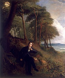 A Romantic painting of Keats sitting near a wood on elevated land. It is evening and the full moon appears above the wood while fading daylight illuminates a distant landscape. Keats appears to turn suddenly from the book he has been reading, towards the trees where a nightingale is silhouetted against the moon.