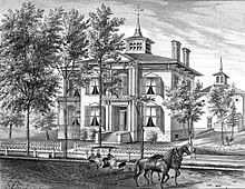engraving of house with horse carriage