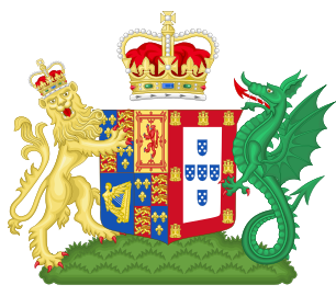 O brasão de Catarina de Bragança, rainha consorte de Inglaterra, Escócia e Irlanda, e princesa de Portugal, combinam como suportes a serpe vert de Portugal e o leão coroado de Inglaterra.