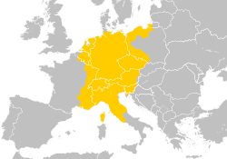 Keseluruhan bekas wilayah kedaulatan Kekaisaran Romawi Suci pada peta modern, sekitar tahun 1200–1250