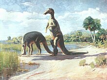 1909 painting of two Edmontosaurus individuals on the lake shore, shown with fingers joined into a paddle