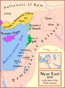 Map presenting Tyre and the regions of Antioch and Tripoli as the last remnants of the crusader states, surrounded by Saladin's empire