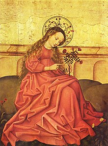 Tableau représentant une femme habillée en rouge tenant une rose dans sa main, une auréole au-dessus de sa tête