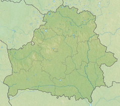 Mapa konturowa Białorusi, u góry nieco na lewo znajduje się punkt z opisem „miejsce bitwy”