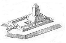 Drawing of a temple, comprising buildings and in the center, a large obelisk