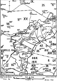 Black thrust lines on a map denote the attacks made by German forces.