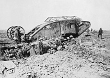 A black-and-white photograph of a First World War tank.