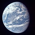 Image 19A view of Earth with its global ocean and cloud cover, which dominate Earth's surface and hydrosphere; at Earth's polar regions, its hydrosphere forms larger areas of ice cover. (from Earth)