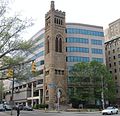 The 1889 bell tower from the former Bellefield Presbyterian Church is all that remains in front of the University of Pittsburgh's Bellefield Towers building at the corner of Fifth and Bellefield Avenues.
