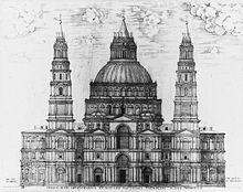 Gravirana slika, ki prikazuje neizmerno zapleteno zasnovo fasade, z dvema okrašenima stolpoma in množico oken, pilastrov in stebrov, nad katerimi se dviga kupola, podobna tridelni poročni torti.