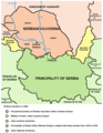 Mapa da Voivodina serbia e o Principado de Serbia (autónomo dentro do Imperio otomán)