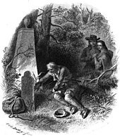 Engraving of a white man and woman embracing and looking at an old white man visiting a gravestone