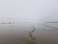 Low tide beach under overcast sky with tiny silhouettes of people in the distance