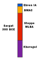 Sargat ancestry. This is a typical Saka combination of Khövsgöl and Steppe_MLBA ancestry with a small BMAC contribution, and a small specific Siberian contribution (Ekven IA).[4]