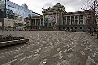 Northeast facade of the Vancouver Art Gallery; normally a busy location, physical distancing has caused a sharp decrease in crowds.