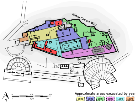 Diagram of the Acropolis of Athens, with various areas coloured: see the text for details