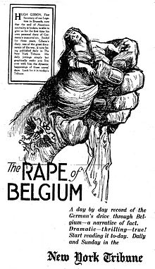 The Rape of Belgium (Le Viol de la Belgique), illustration d'époque représentant une femme (la Belgique) tenue prisonnière dans un poing serré tatoué de l'aigle du Saint-Empire romain germanique.
