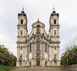 The façade of the basilica, designed by Johann Michael Fischer, has been hailed as a pinnacle of Bavarian Baroque architecture