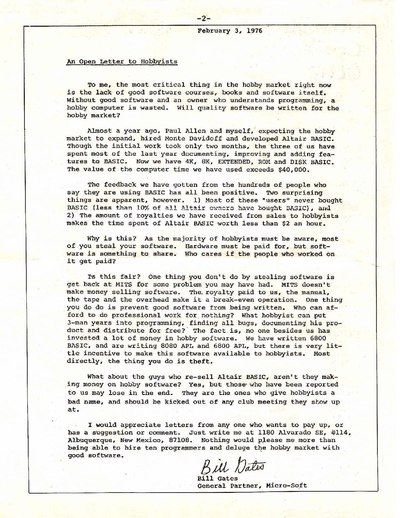 A scan of an A4 typewritten letter, dated February 3, 1976, and signed by Bill Gates (as "General Partner, Micro-Soft"). It is titled "An Open Letter to Hobbyists".