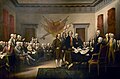 Image 14 Trumbull's Declaration of Independence Painting credit: John Trumbull John Trumbull's Declaration of Independence, a 12 by 18 feet (3.7 by 5.5 m) oil painting depicting the presentation of a draft of the United States Declaration of Independence to the Second Continental Congress. While this event did take place, it was not actually in the presence of all the people in the picture. The painting can be found in the rotunda of the United States Capitol. More featured pictures