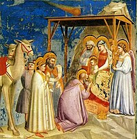 De Hellige Tre Kongers tilbedelse af Giotto i Cappella degli Scrovegni, Padova. Refererer til Matthæus 2,11
