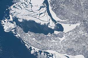 Some shelf ice remains along the shore of the peninsula as most of the ice breaks away; taken at 11:12:06 AM Central Standard Time on February 20, 2021 from the International Space Station[10]
