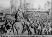 Dessin au trait d'Alexandre Daoust représentant le peloton d'exécution sur deux rangs (un debout, un agenouillé) face au mur Tschoffen.