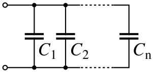 A diagram of several capacitors, side by side, both leads of each connected to the same wires.