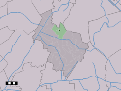 The town centre (dark green) and the statistical district (light green) of Hooghalen in the municipality of Midden-Drenthe.