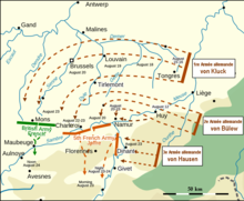 Carte représentant l'avancée allemande en août 1914. La troisième armée de Max von Hausen pointe sur un front entre Givet et Namur, droit sur Dinant.