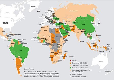 Maailmanlaajuinen nälkäindeksi (GHI, global hunger index) 2016. Punaiset ja oranssit sävyt kuvaavat maita, jossa suuri väestöosuus kärsi nälästä.