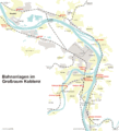 Karte der Bahnanlagen im Großraum Koblenz, Einmündung der Moselbahn in die linke Rheinstrecke
