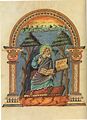 Evangelistenbild aus einer Handschrift des 9. Jahrhunderts: neben antikisierenden Palmetten (im Bogen) „germanische“ Bandornamente (an den Pfeilern).