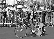 Side view of LeMond on his aerodynamic bicycle