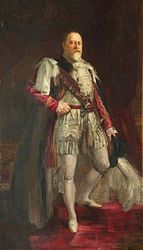 Edoardo VII con le vesti dell'Ordine della Giarrettiera indossate sopra un abito tradizionale di stile tudoriano