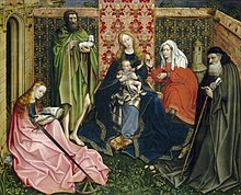 Madonna and Child with Saints in the Enclosed Garden, c. 1440/1460. Master of Flémalle or Workshop of Robert Campin. National Gallery of Art, D.C.[58] Campin's influence is seen in the seated, reading St. Catherine, the heavy folds of her dress, and the enclosed garden (domestic interior) itself.[59]