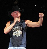 Kenny Chesney performing on a stage wearing a navy tank-top and a black hat