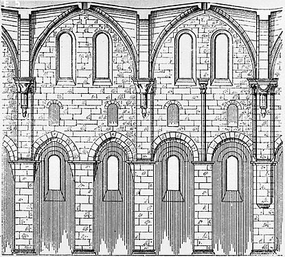 This nave elevation of Arnsburg Abbey, Germany, shows the typical arrangement of the nave arcade, aisle, clerestory windows and ribbed vault