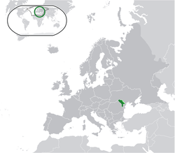 Location of Moldova in Europe (green) and its uncontrolled territory of Transnistria (light green)