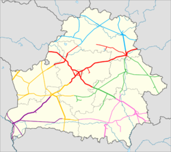 Valko-Venäjän rataverkko. Värit kuvaavat Valko-Venäjän alueellisten tytäryhtiöiden vastuualueita.