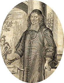 Gravure en noir et blanc d'un homme portant un habit religieux, une croix pend à son cou