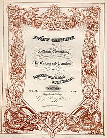 Highly decorated cover page of a composition, showing the title and other information in swinging lines, framed by a garland reminiscent of Gothic wood-carving