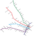 La red en 2003, con el nuevo esquema de colores impuesto por Metrovías y las extensiones de las líneas B y D.