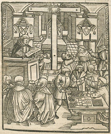 Ilustracija na drvorezu koja prikazuje propovjednika koji propovijeda ljudima dok drugi razamjenjuju novac za potvrde o oprostu. Papin grb prikazan je na zidu s obje strane križa.