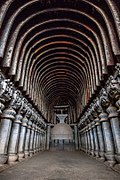 Great Chaitya in the Karla Caves. The shrines were developed over the period from the 2nd century BCE to the 5th century CE.
