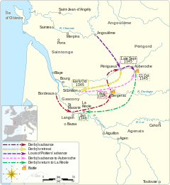 A map of south-west France in 1345 showing the main movements of troops between August and November