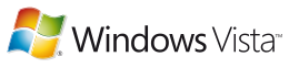 Versionslogo: links das Windows-„Fenster“ im Design von Windows XP, jedoch zur Mitte hin aufhellender Verlauf („blendendes“ Fensterkreuz); rechts daneben der Schriftzug „Windows Vista (TM)“ in serifenloser Schrift („Windows“ fett, jedoch ganzer Schriftzug in dünn gehaltenen Linien)