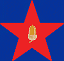 "Star and Acorn" logo of Conflict Studies Research Centre is a golden acorn centered in a large red star on a dark blue background